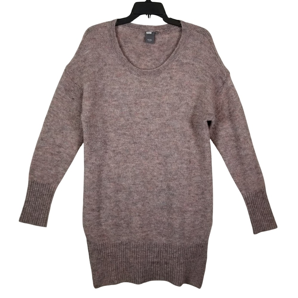 ICHI Womens Alpaca Blend Longline‎ Tunic Sweater Mauve Brown Scoop Neck Size M